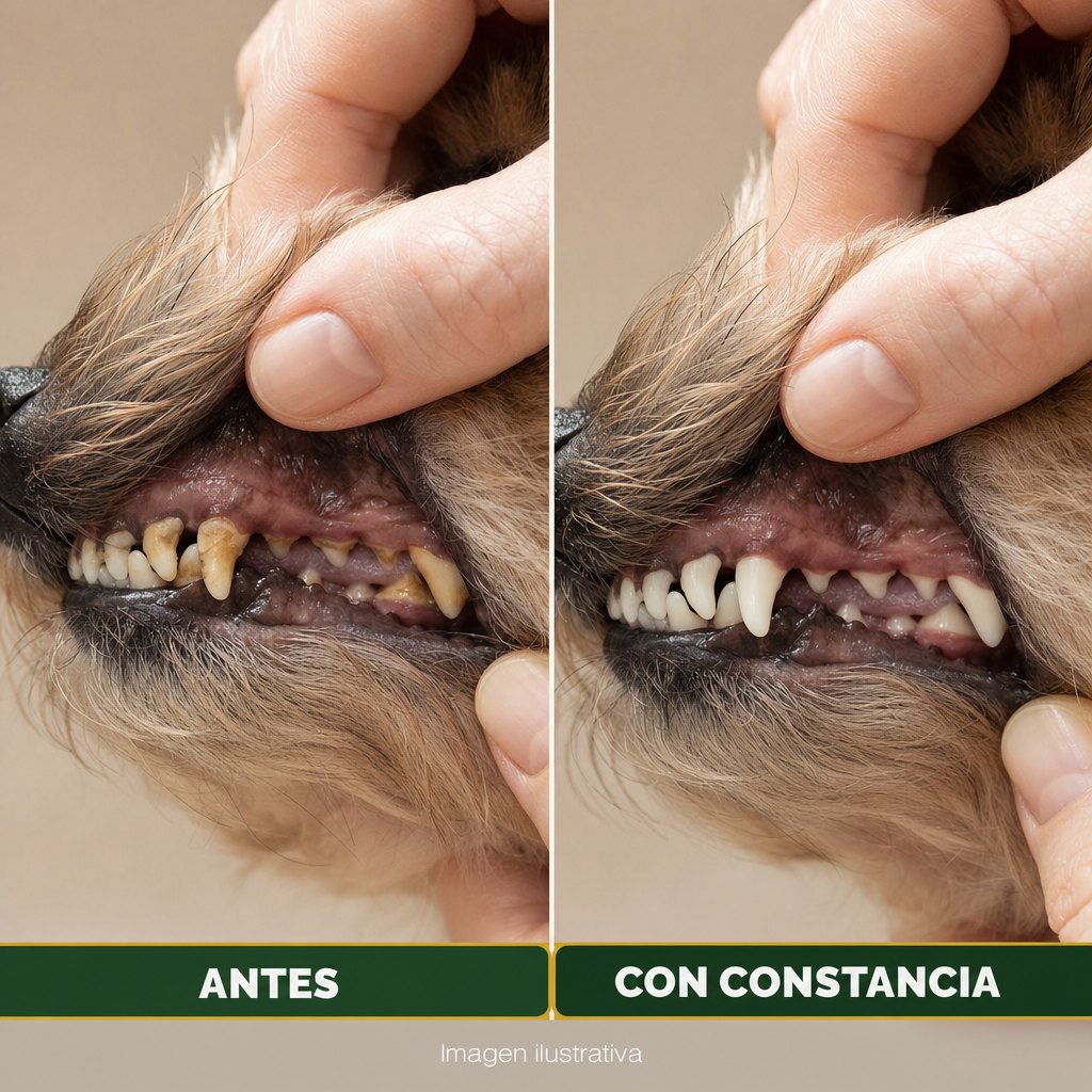 Comparación ilustrativa de los dientes de un perro con sarro y con una rutina constante