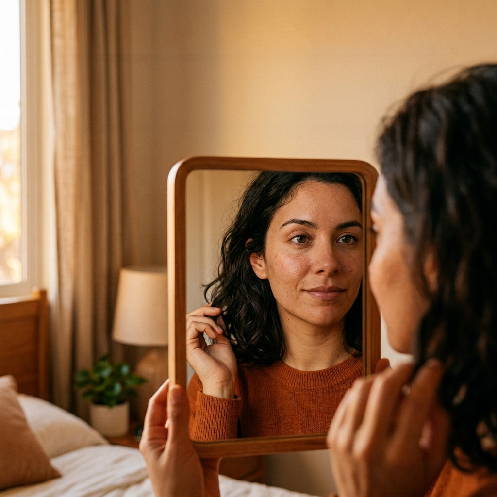 Mujer mirándose al espejo antes de una foto