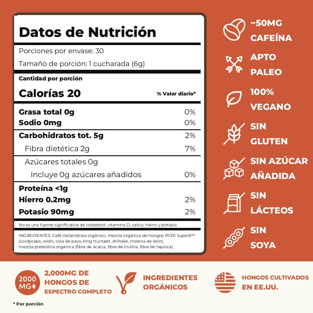 RYZE Mushroom Coffee - Café de Hongos Orgánico (30 porciones)