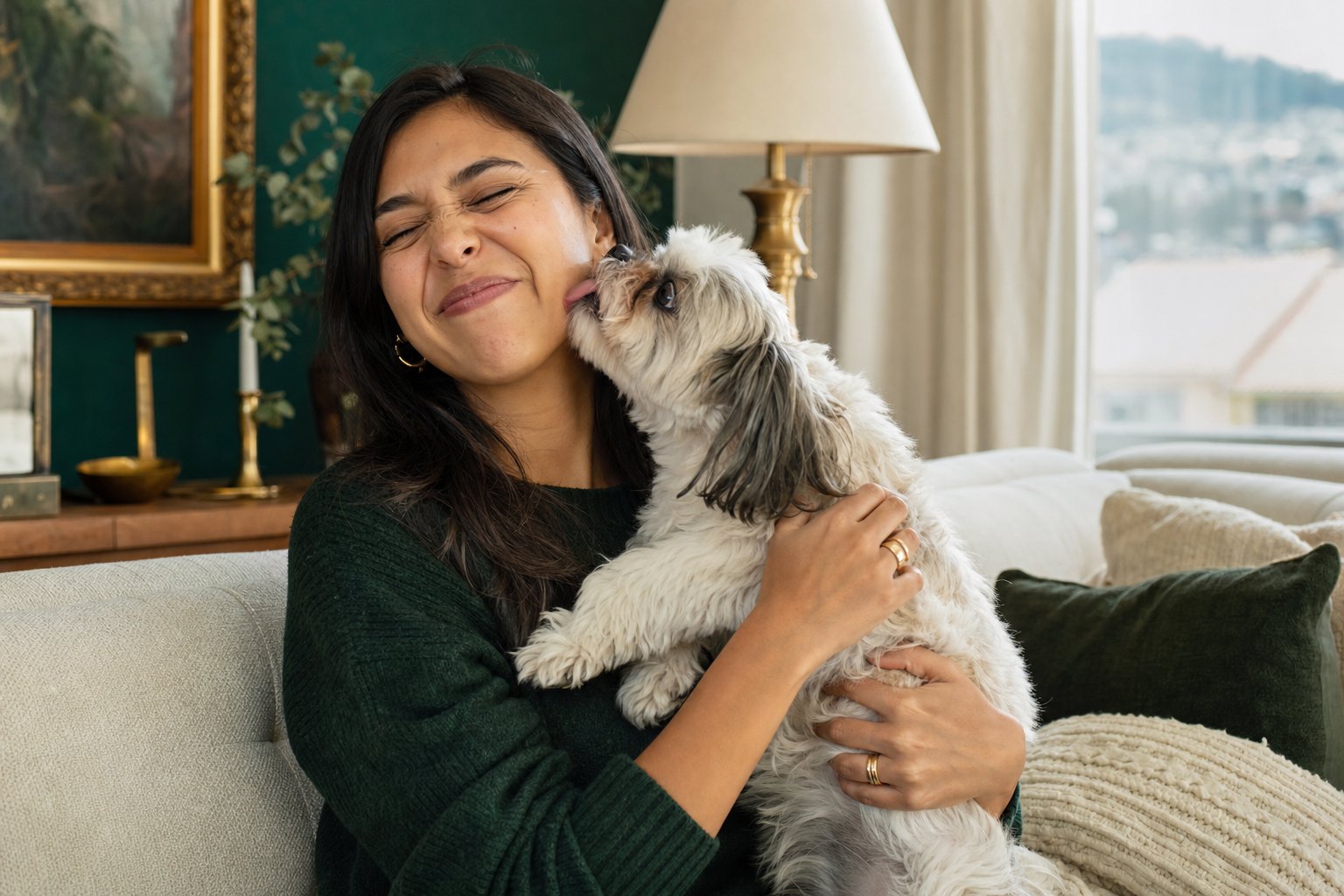 Mujer voltea la cara cuando su perrito intenta darle un beso por el mal aliento